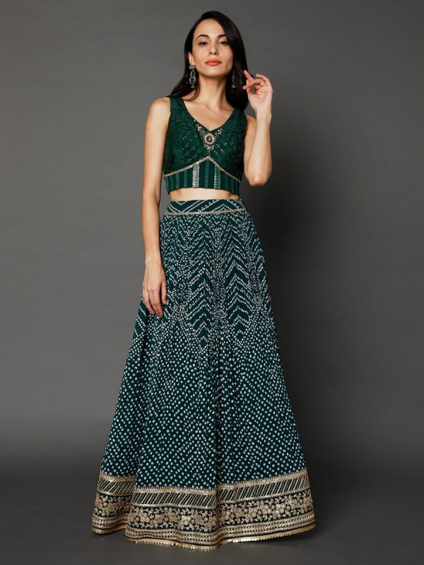 Green Georgette Bandhani Fabric in Sequins And Thread Work Lehenga Choli