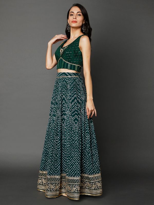 Green Georgette Bandhani Fabric in Sequins And Thread Work Lehenga Choli