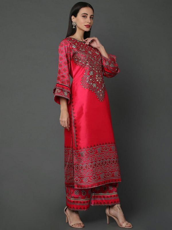 Red Silk Fabric  With Digital Print And Gotapatti Work Salwar Suit