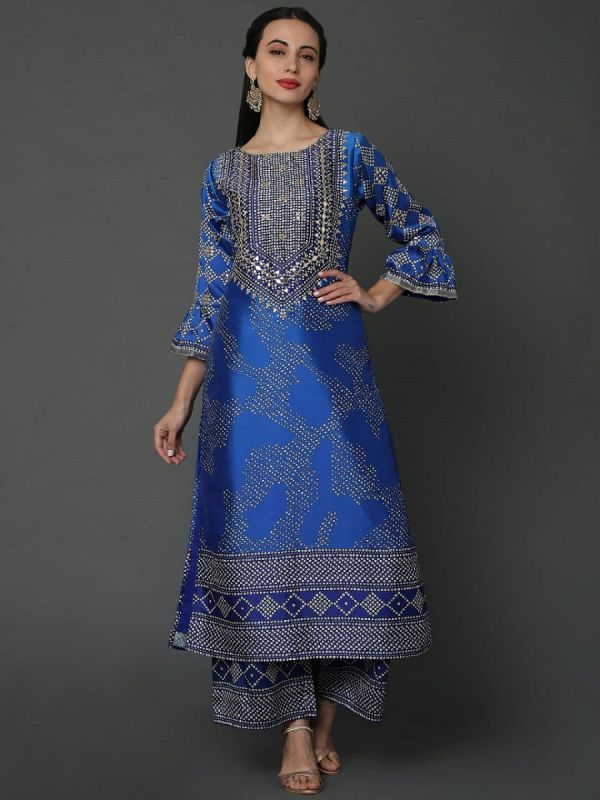 Navy Blue Dupion Silk Fabric With Digital Print And Gotapatti Work  Salwar Suit