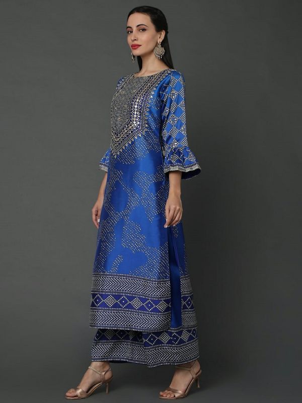 Navy Blue Dupion Silk Fabric With Digital Print And Gotapatti Work  Salwar Suit