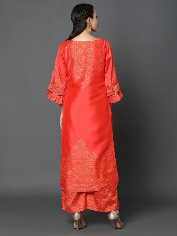 Red Orange Dupion Silk Fabric  Bandhani Print Palazzo Suit