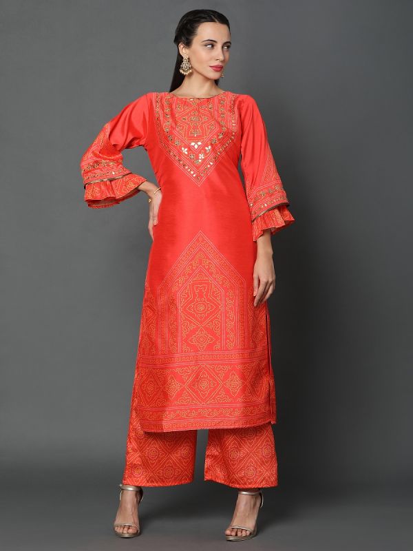 Red Orange Dupion Silk Fabric  Bandhani Print Palazzo Suit