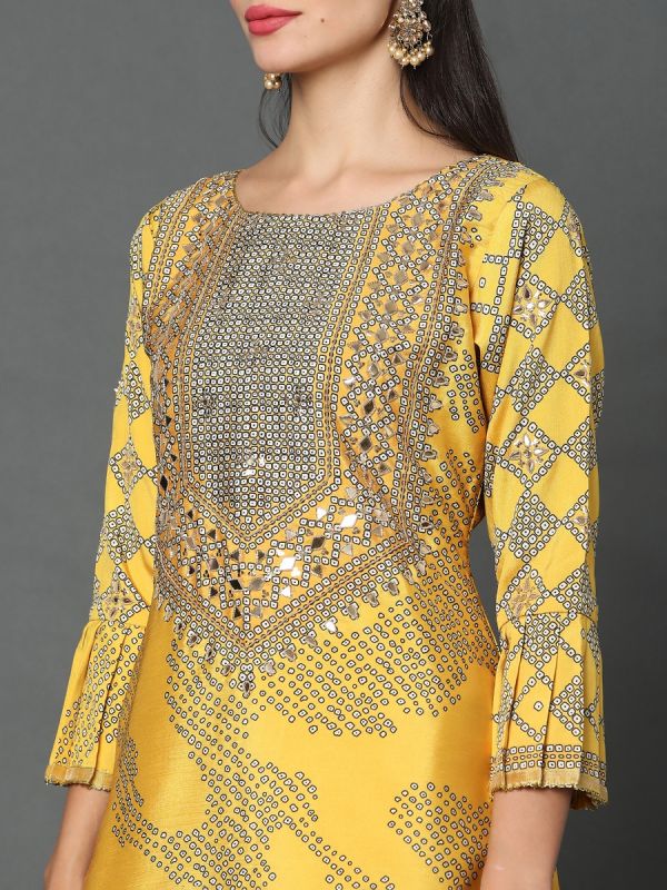 Yellow Dupion Silk Fabric Salwar Suit Without Dupatta