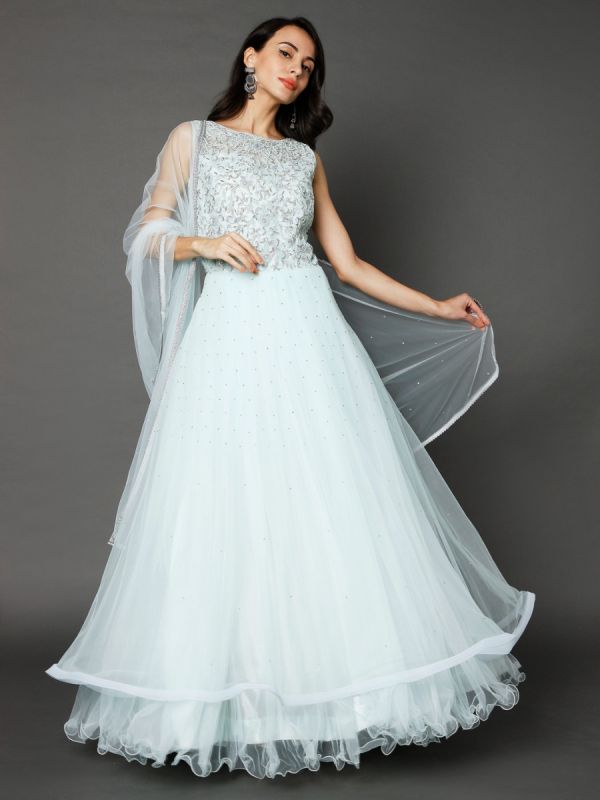 Mint Blue Moti Sequin And Stone Work Net Gown