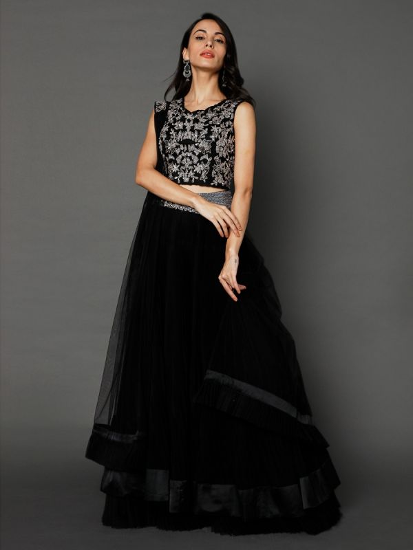 Black Net Fabric In Sequins Work Lehenga Choli