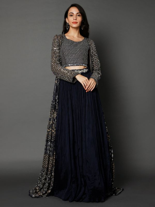 Navy Blue Georgette Fabric In Mirror Work Long Jacket Skirt Top With Dupatta