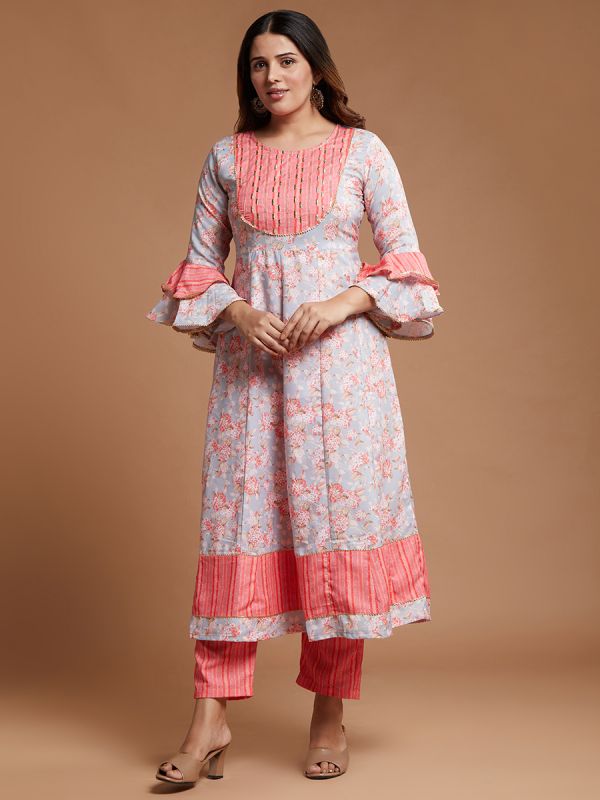 Grey With Pink Floral Printed Muslin & Bottom Rayon Fabric Fancy Salwar Suit 