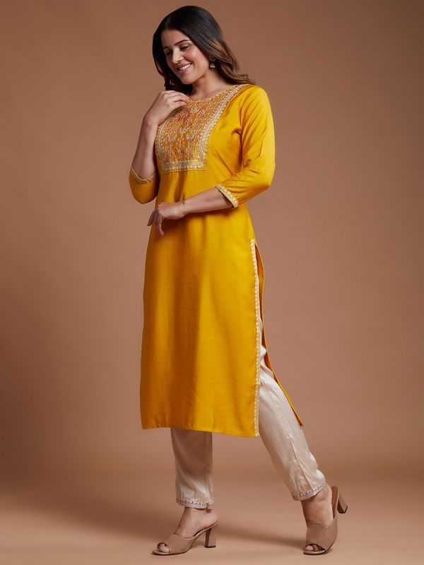 Mango Yellow Plain Rayon Slub Silk Fabric Salwar Suit With Organza Dupatta 