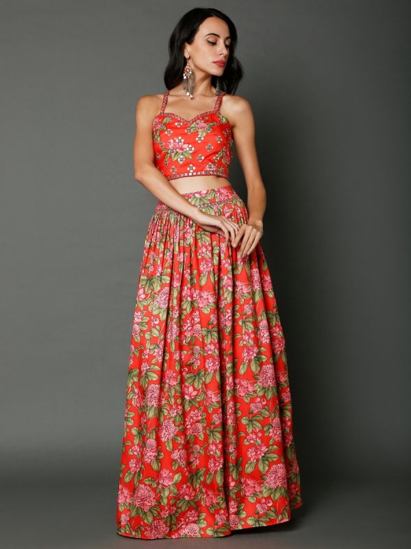 Orange Floral Printed Organza And Silk Fabric Skirt Top With Dupatta