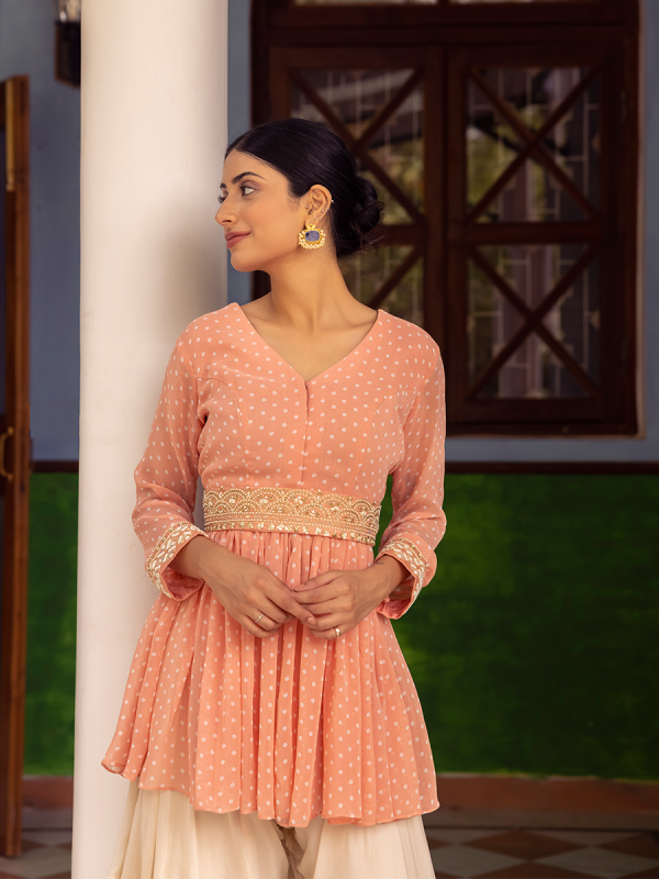 Peach Georgette Fabric Peplum Top With Dhoti Suit