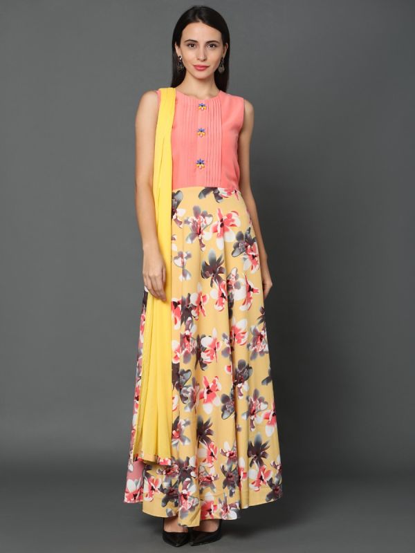 Yellow With Peach Synthetic Georgette Floral Print Salwar Suit 