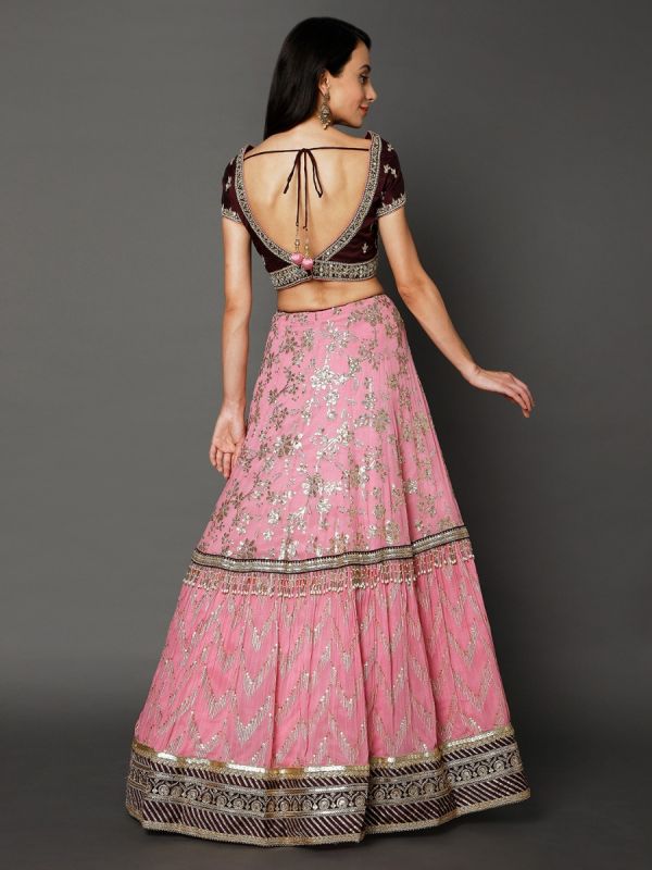 Pink And Marron Georgette Fabric In Sequins Mirror Cut Dana Work Lehenga Choli