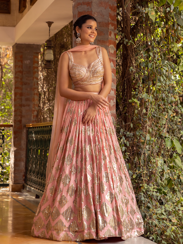 Pink Chinon Fabric In Sequins Embroidered Lehenga Choli