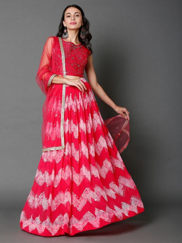 Pink Georgette Fabric In Mirror And Sequins Work Skirt Top With Dupatta