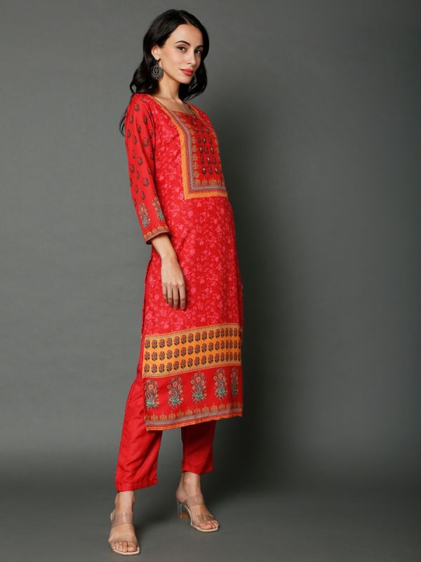 Red Digital Printed Muslin Salwar Suit