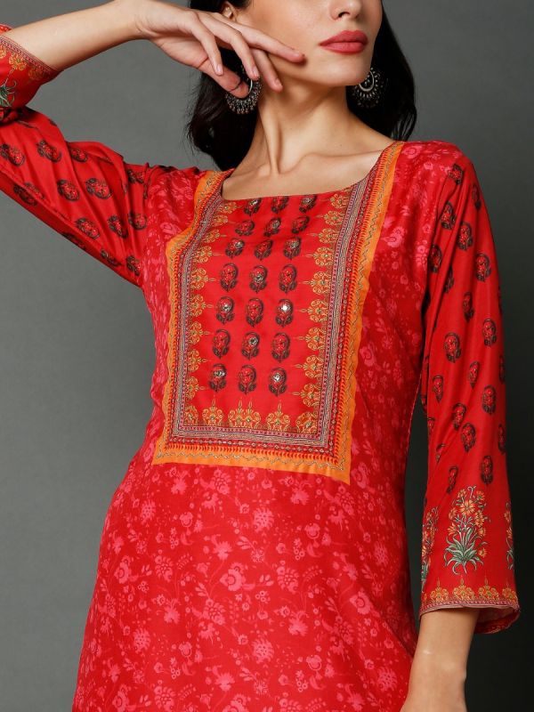 Red Digital Printed Muslin Salwar Suit