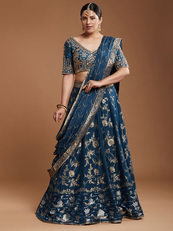 Navy Blue Banarasi Silk Fabric With Zari Weaving Readymade Lehenga Choli 