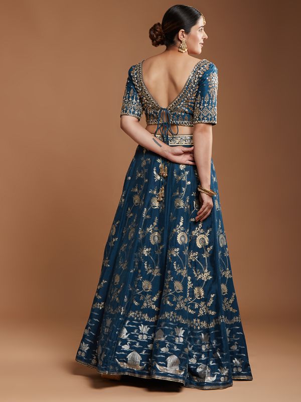 Navy Blue Banarasi Silk Fabric With Zari Weaving Readymade Lehenga Choli 