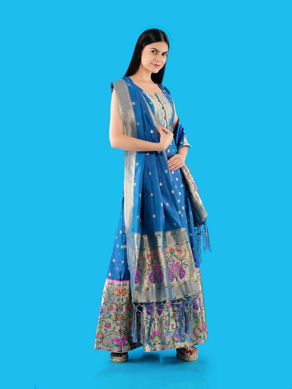 Royal Blue Silk Fabric Paithani Anarkali Suit