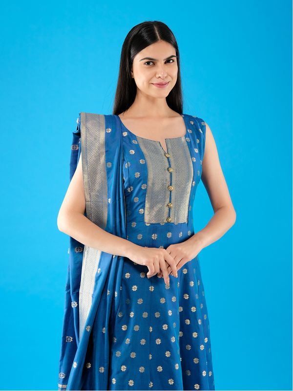 Royal Blue Silk Fabric Paithani Anarkali Suit