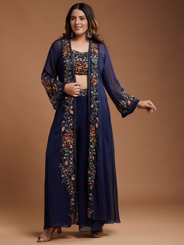 Navy Blue Georgette Fabric Resham Thread Work Partyware Dress Along With Long Jacket 