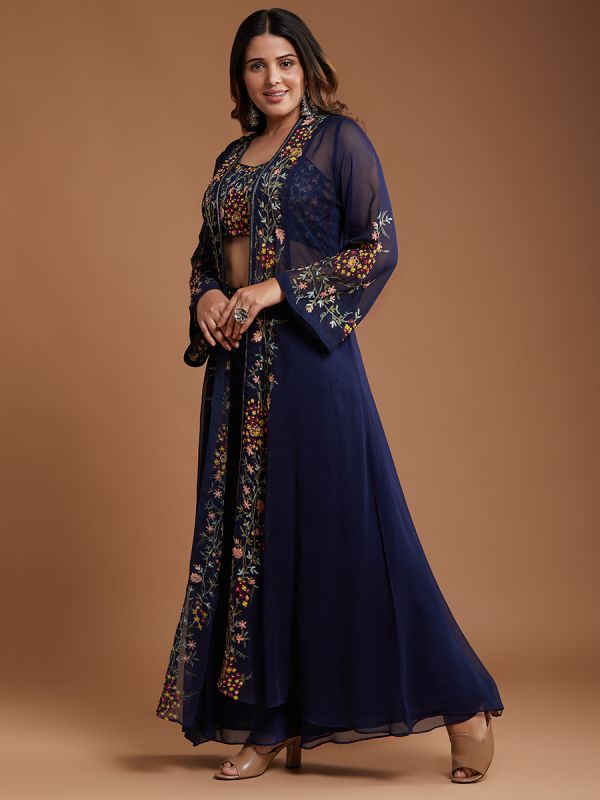 Navy Blue Georgette Fabric Resham Thread Work Partyware Dress Along With Long Jacket 