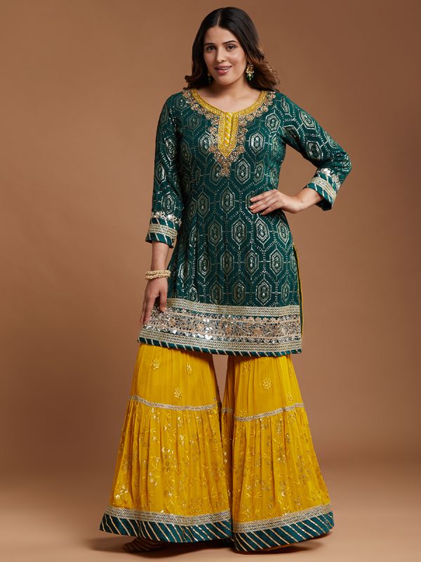 Bottle Green With Yellow Thread & Hand Embroidery Viscose Fabric Heavy Gharara Suit
