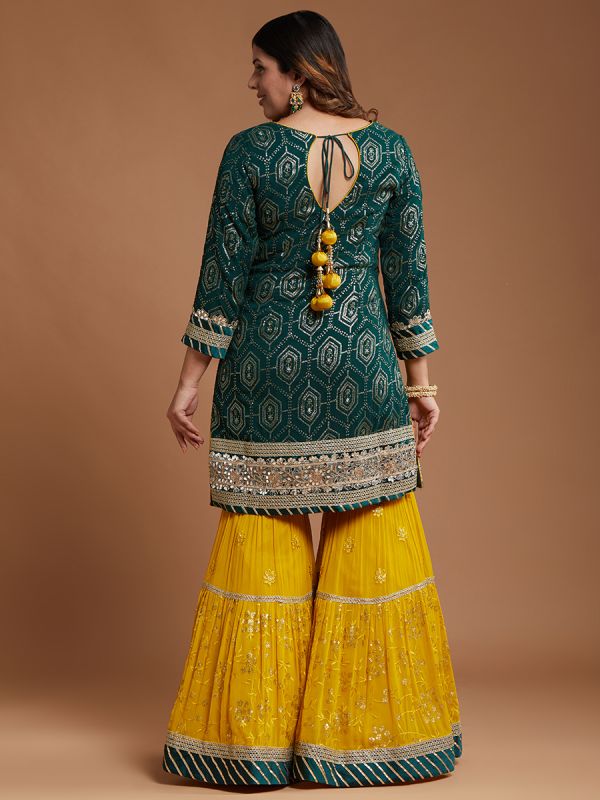Bottle Green With Yellow Thread & Hand Embroidery Viscose Fabric Heavy Gharara Suit