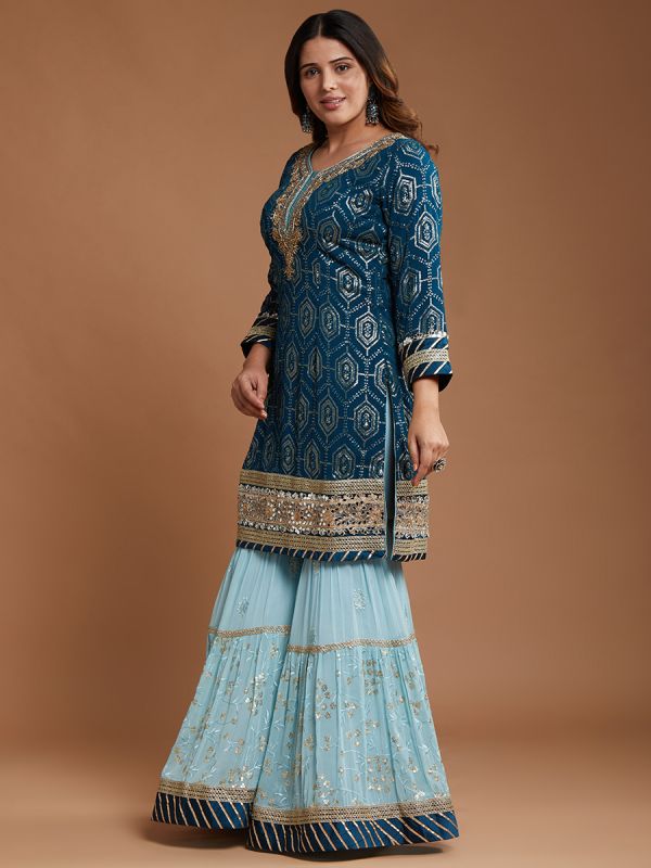 Navy With Sky Blue Thread & Hand Embroidery Viscose Fabric Heavy Gharara Suit