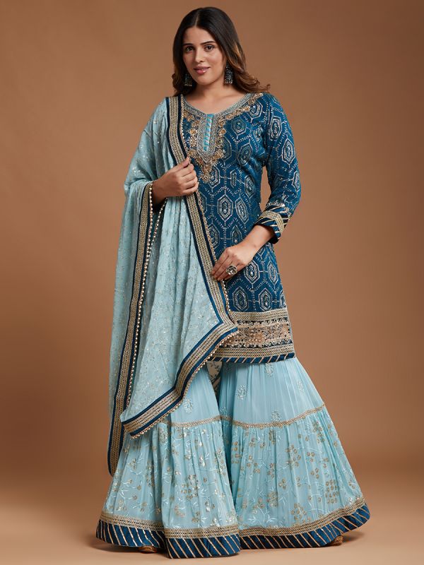 Navy With Sky Blue Thread & Hand Embroidery Viscose Fabric Heavy Gharara Suit