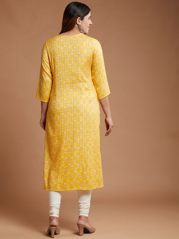Yellow Printed Rayon Fabric Kurti 