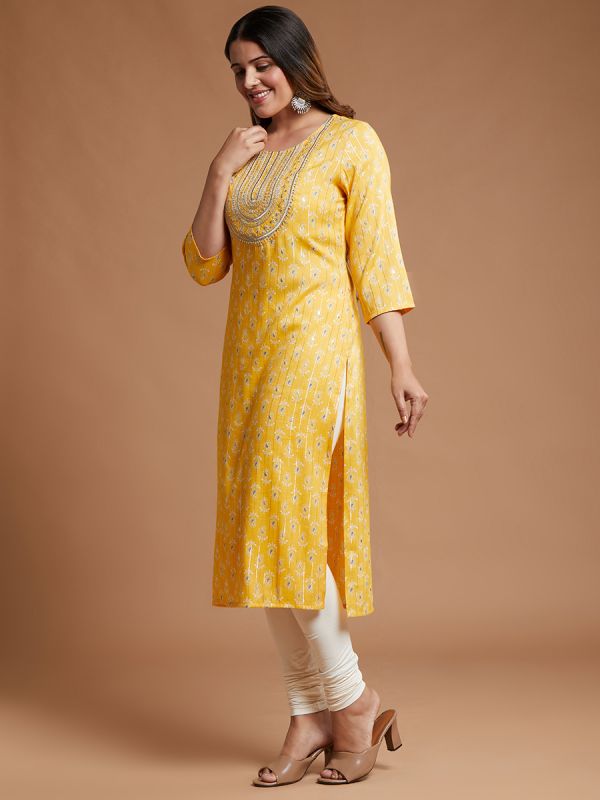Yellow Printed Rayon Fabric Kurti 