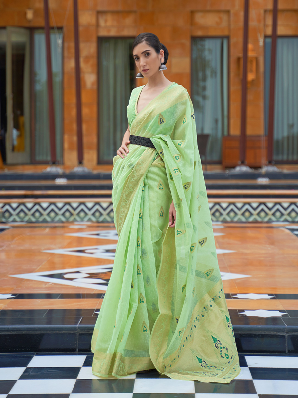 Pista Green Linen Fabric Meena Weave Saree