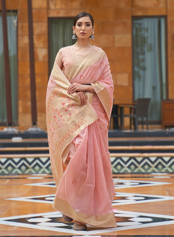 Baby Pink Linen Fabric Meena Weave Saree