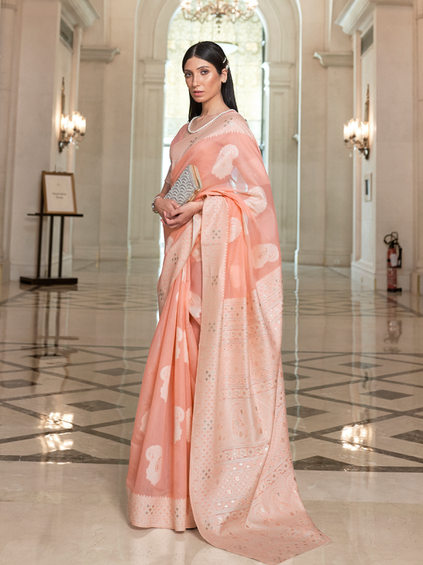 Peach Lucknowi Silk Saree