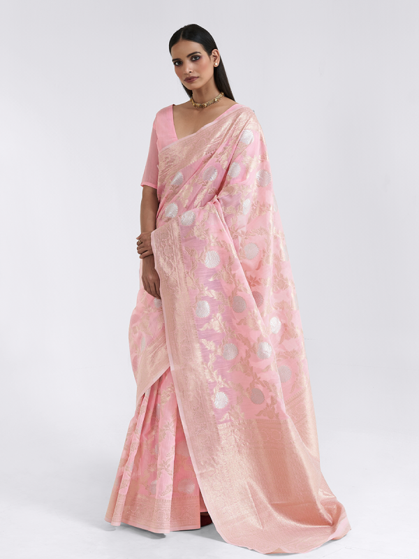 Baby Pink Linen Saree With Zari Weaving 