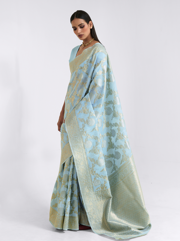 Sky Blue Linen Saree With Zari Weaving 