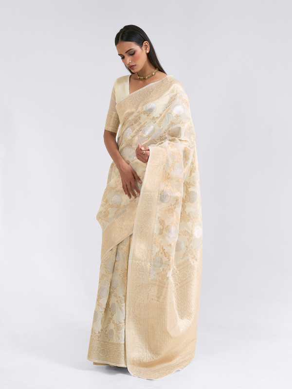 Cream Linen Saree With Zari Weaving 