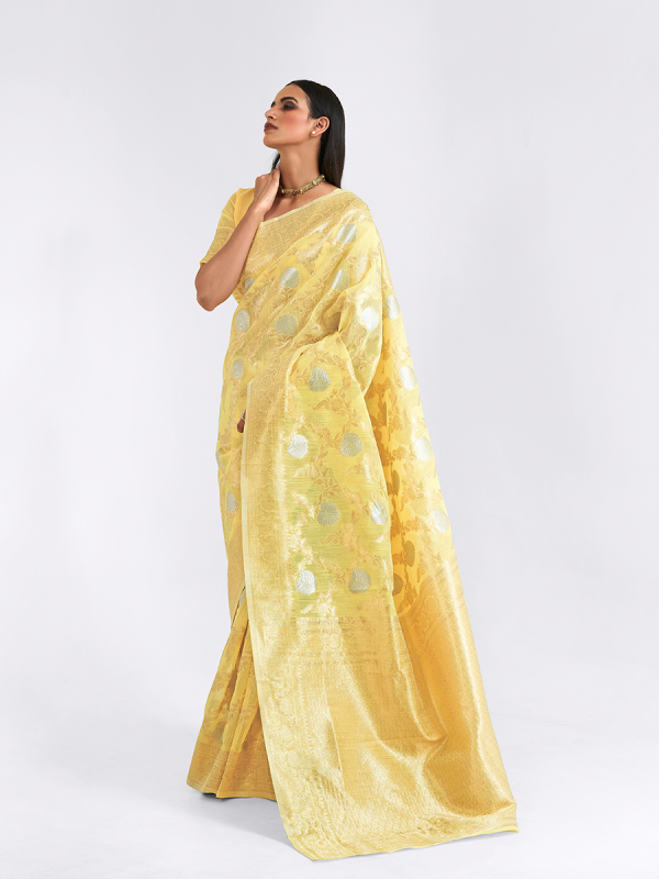Yellow Linen Saree With Zari Weaving 
