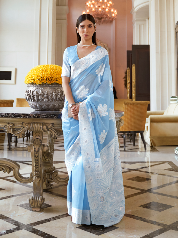 Blue Lucknowi Silk Saree 