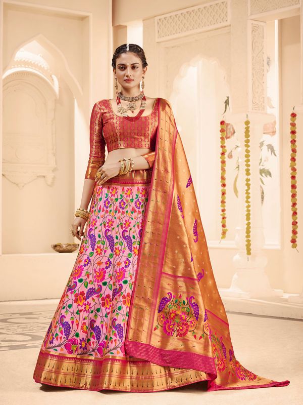 Pink Banarasi Silk Unstitched Lehenga Choli in Peacock Motif