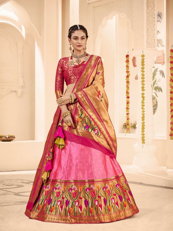 Pink Banarasi Silk Unstitched Lehenga Choli  