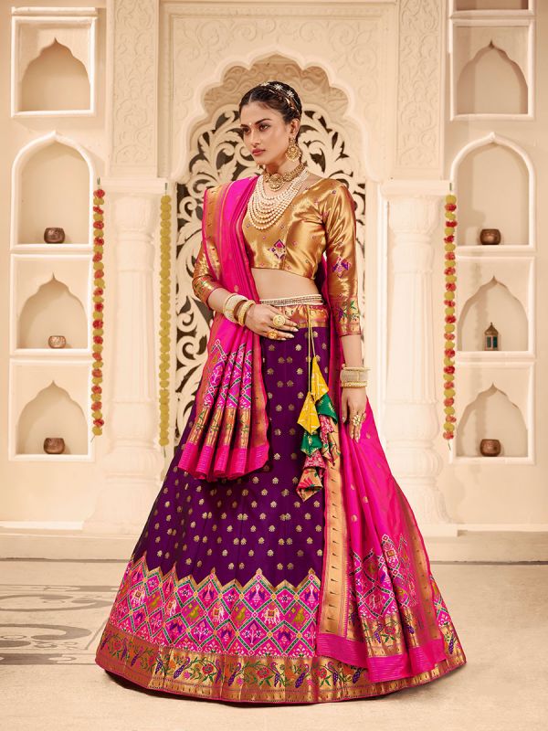 Purple Banarasi Silk Patola Style Unstitched Lehenga Choli  
