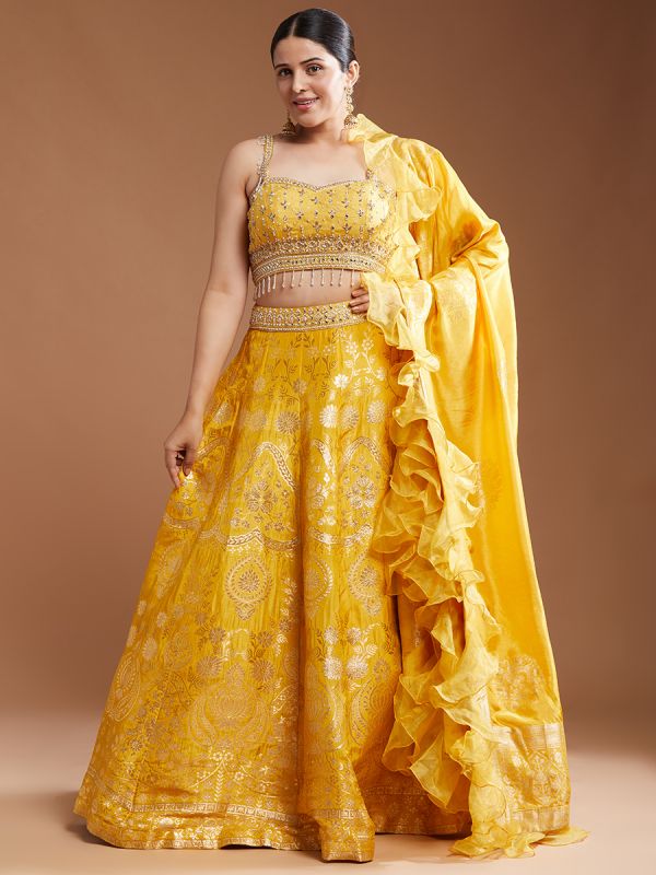 Yellow Banarasi Silk Fabric Zari Weaving Designer Readymade Lehenga Choli With Ruffle Dupatta 