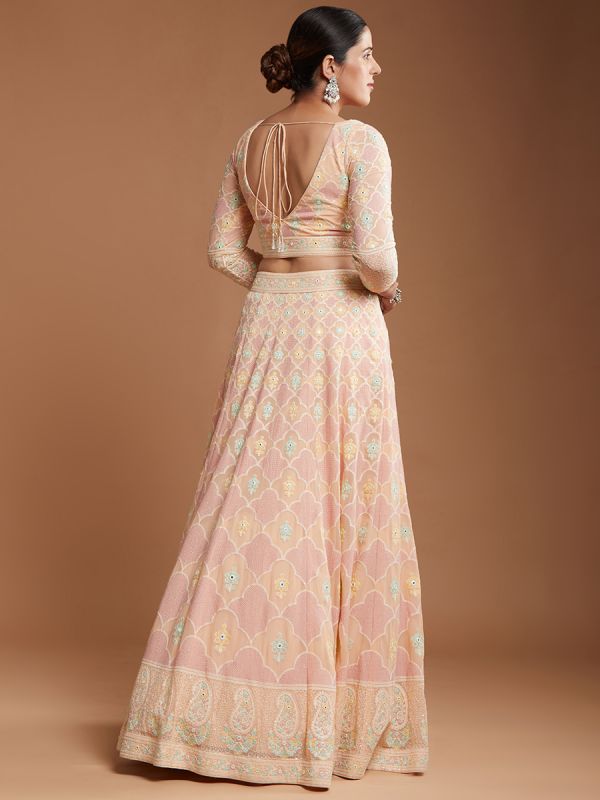 Light Peach Pink Georgette Fabric With Thread Work Readymade Lehenga Set 