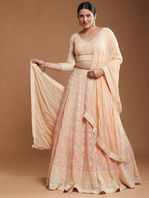 Light Peach Pink Georgette Fabric With Thread Work Readymade Lehenga Set 