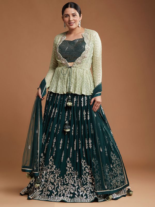 Bottle Green Georgette Fabric With Cutdana Work Readymade Lehenga Set Along With Heavy Work Jacket 