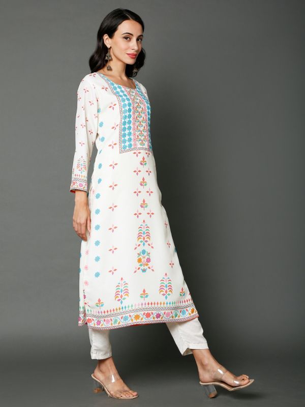 White Digital Printed Muslin Salwar Suit