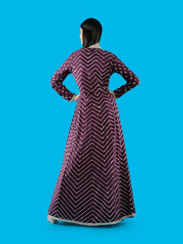 Wine Georgette Fabric in Sequin Work Long Jacket Crop Top And Skirt